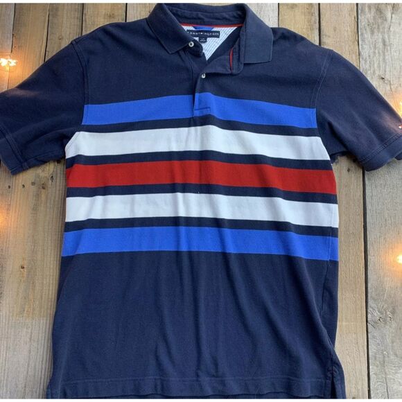 Tommy Hilfiger mesh (fuller than regular fit) navy polo w/ stripes (L) EUC - Picture 1 of 5